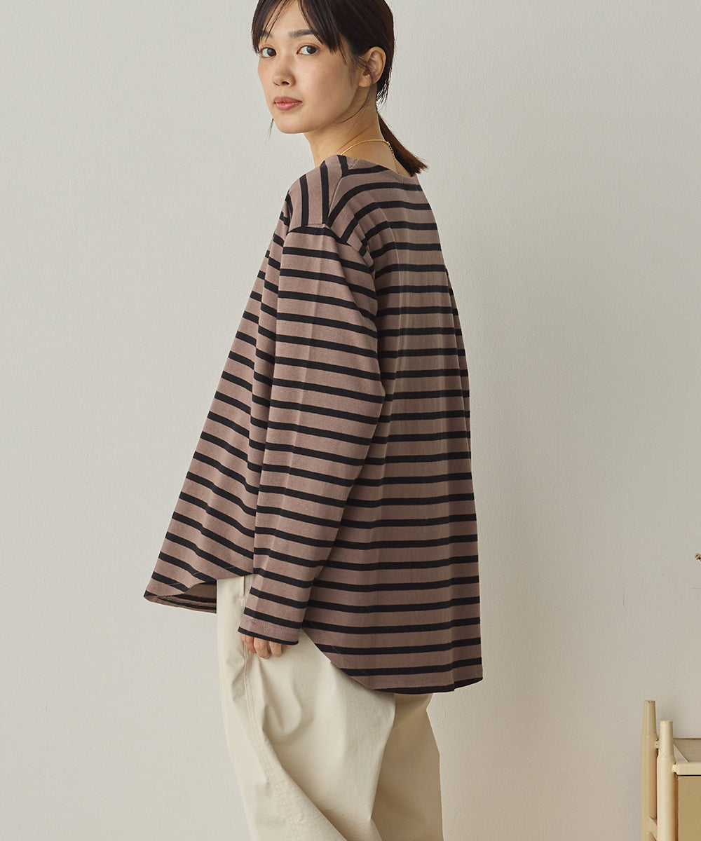 10番単ボーダー裾ラウンド長袖Tシャツ[1325-6139]