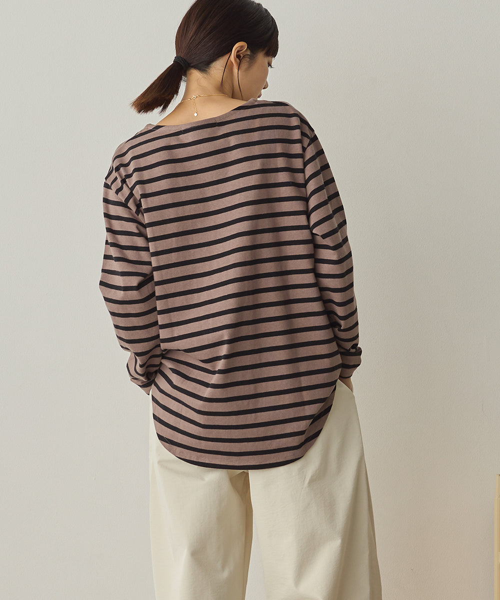 10番単ボーダー裾ラウンド長袖Tシャツ[1325-6139]