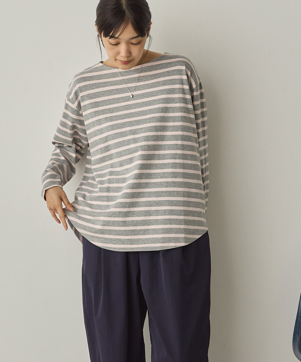 10番単ボーダー裾ラウンド長袖Tシャツ[1325-6139]