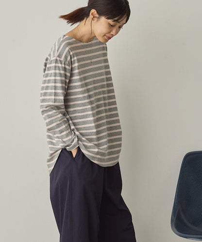 10番単ボーダー裾ラウンド長袖Tシャツ[1325-6139]
