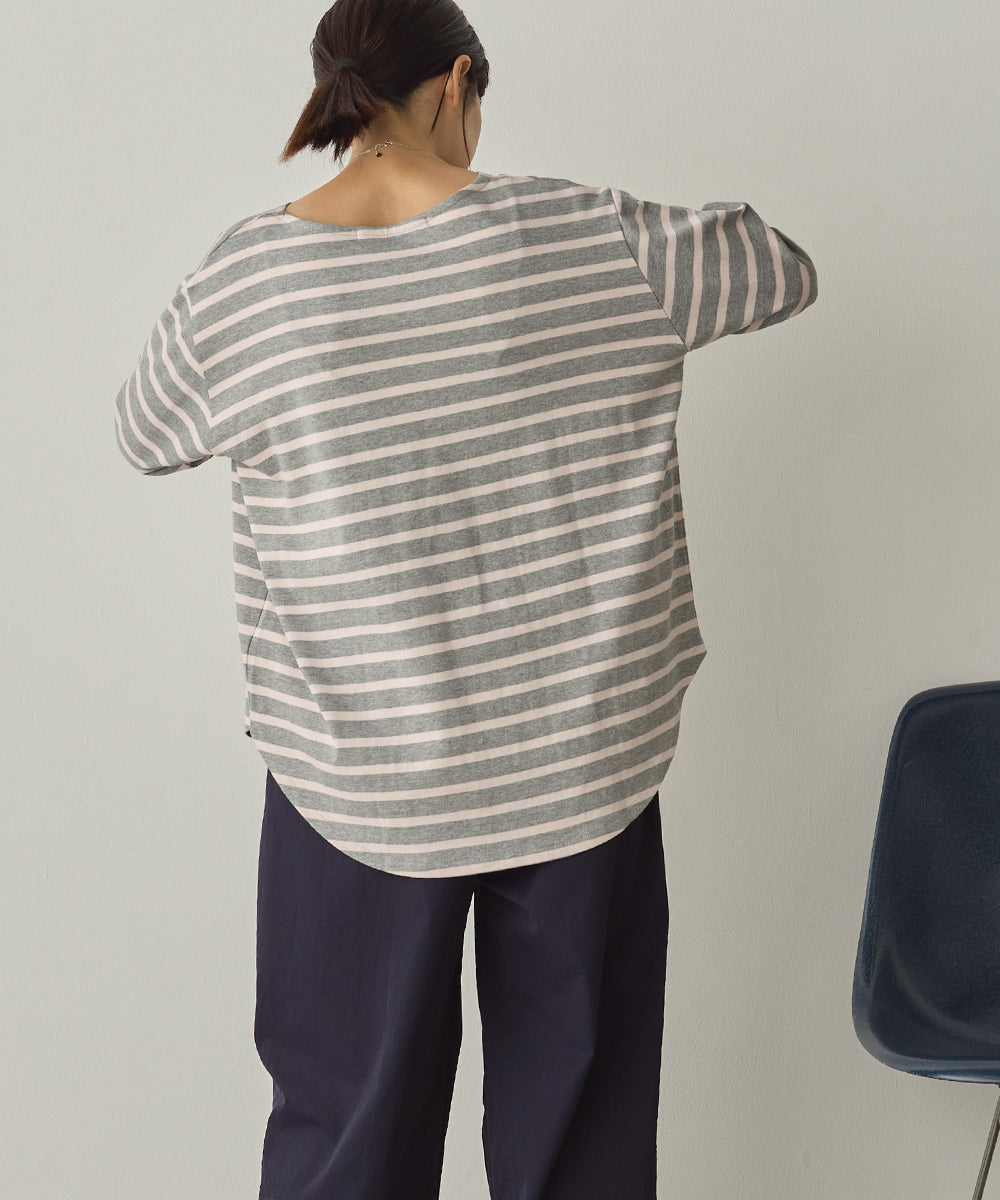 10番単ボーダー裾ラウンド長袖Tシャツ[1325-6139]