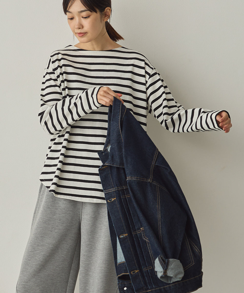 10番単ボーダー裾ラウンド長袖Tシャツ[1325-6139]