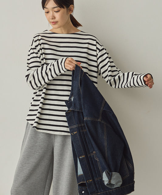 10番単ボーダー裾ラウンド長袖Tシャツ[1325-6139]