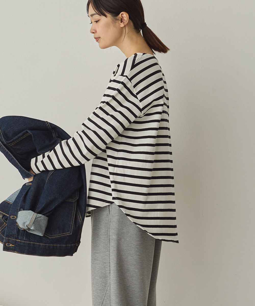 10番単ボーダー裾ラウンド長袖Tシャツ[1325-6139]