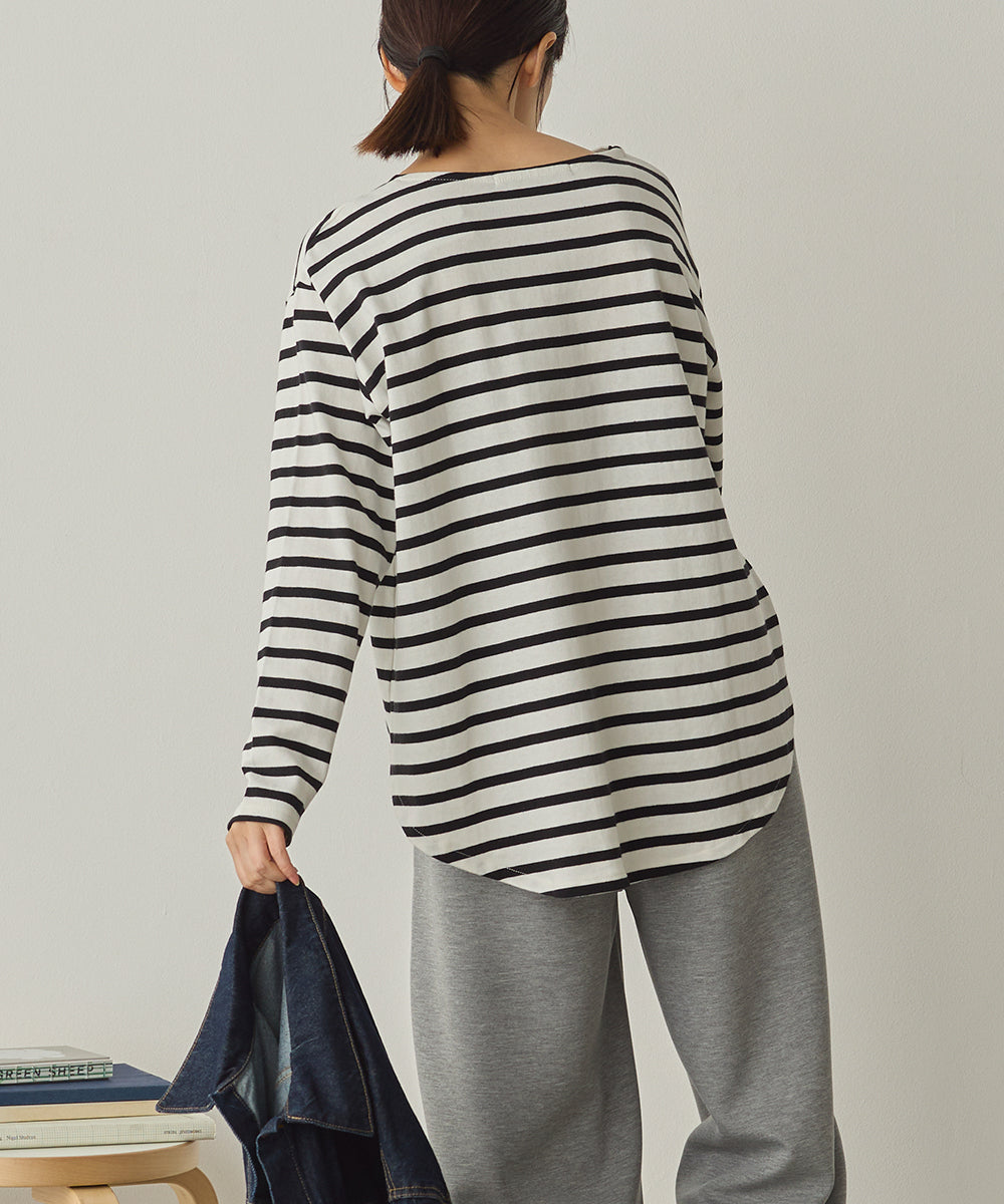 10番単ボーダー裾ラウンド長袖Tシャツ[1325-6139]
