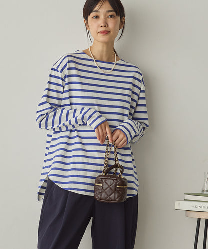 10番単ボーダー裾ラウンド長袖Tシャツ[1325-6139]