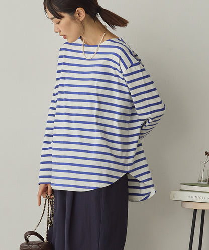10番単ボーダー裾ラウンド長袖Tシャツ[1325-6139]