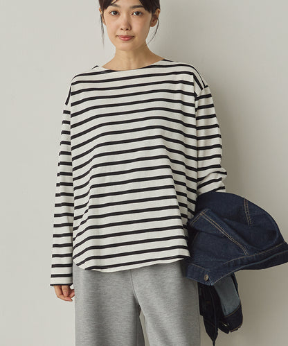 10番単ボーダー裾ラウンド長袖Tシャツ[1325-6139]