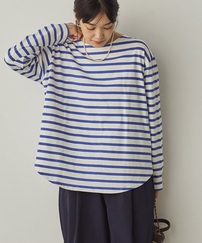 10番単ボーダー裾ラウンド長袖Tシャツ[1325-6139]