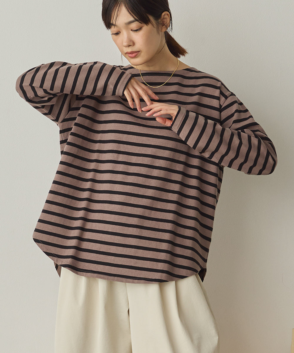 10番単ボーダー裾ラウンド長袖Tシャツ[1325-6139]