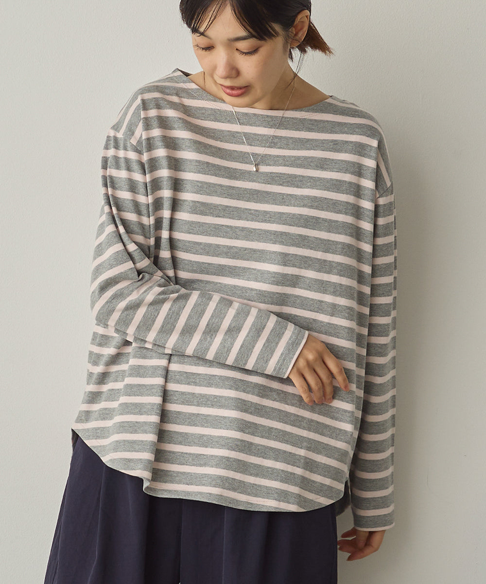 10番単ボーダー裾ラウンド長袖Tシャツ[1325-6139]
