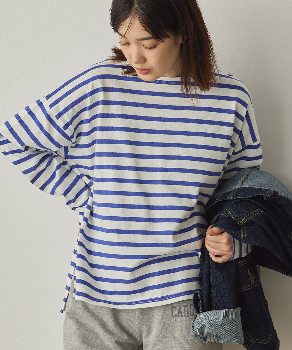 10番単ボーダーワイドシルエットスリット長袖Tシャツ[1325-6140]