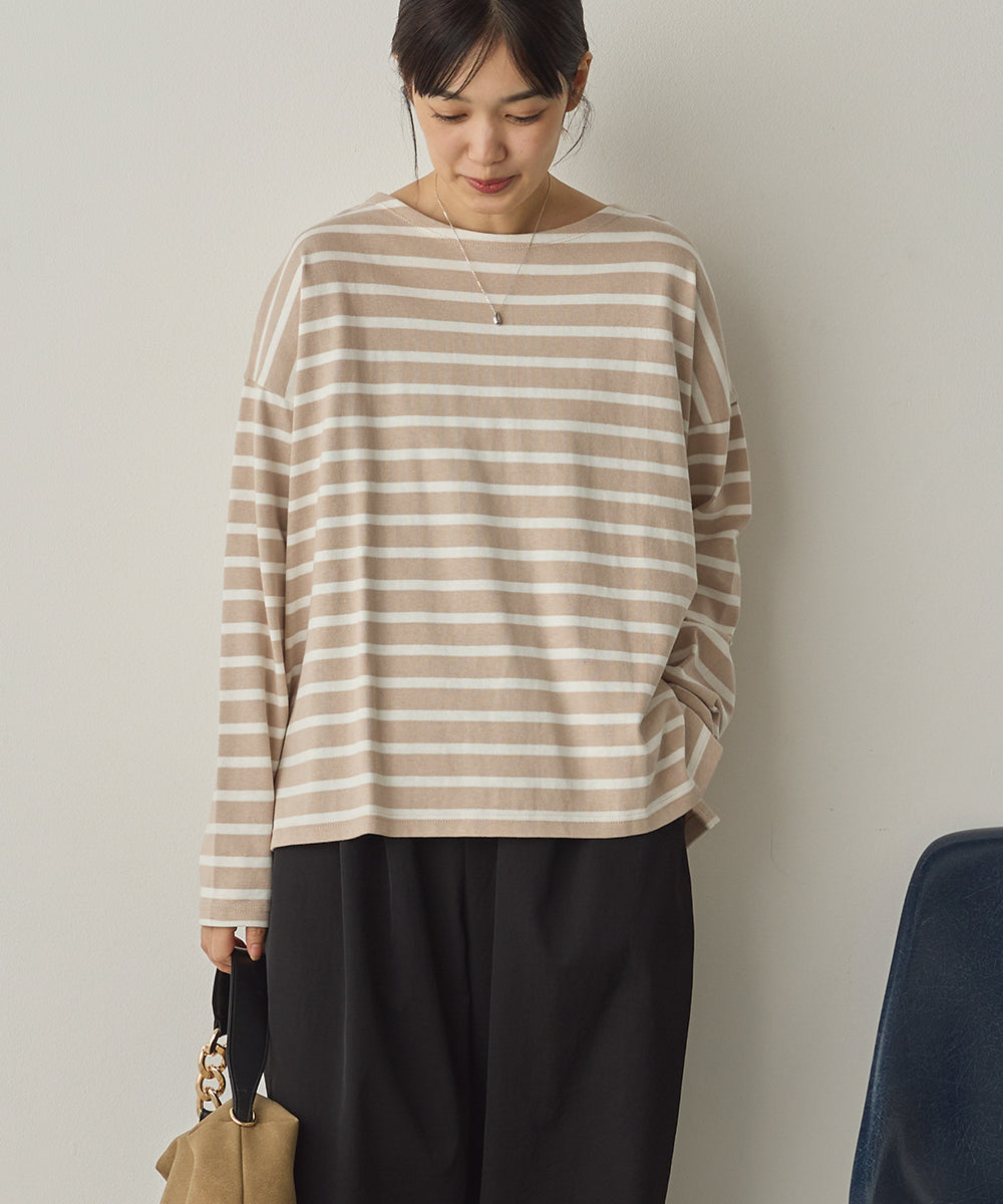 10番単ボーダーワイドシルエットスリット長袖Tシャツ[1325-6140]