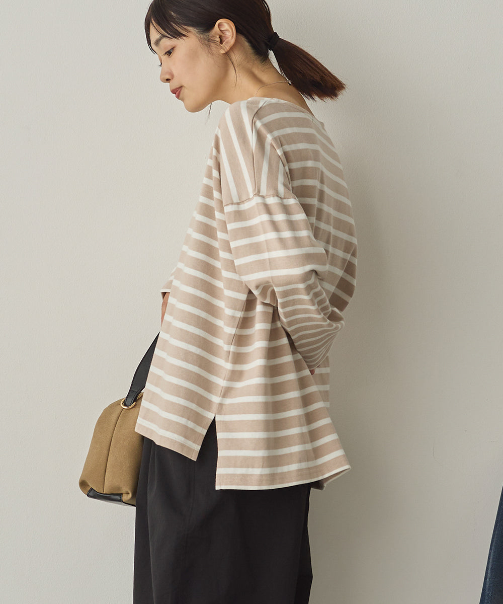 10番単ボーダーワイドシルエットスリット長袖Tシャツ[1325-6140]
