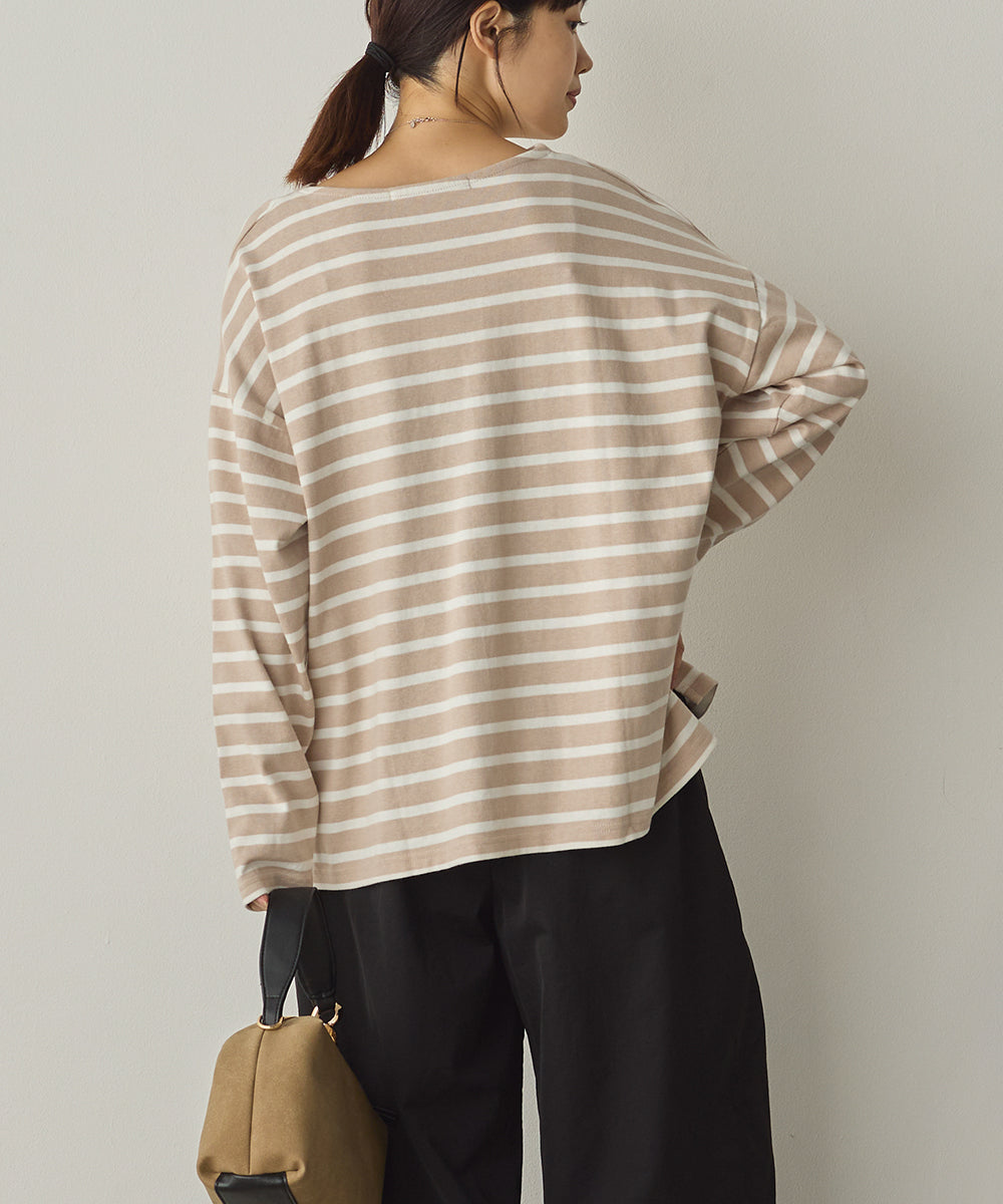 10番単ボーダーワイドシルエットスリット長袖Tシャツ[1325-6140]
