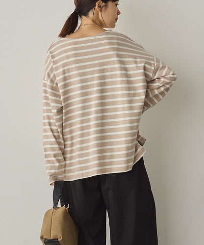 10番単ボーダーワイドシルエットスリット長袖Tシャツ[1325-6140]