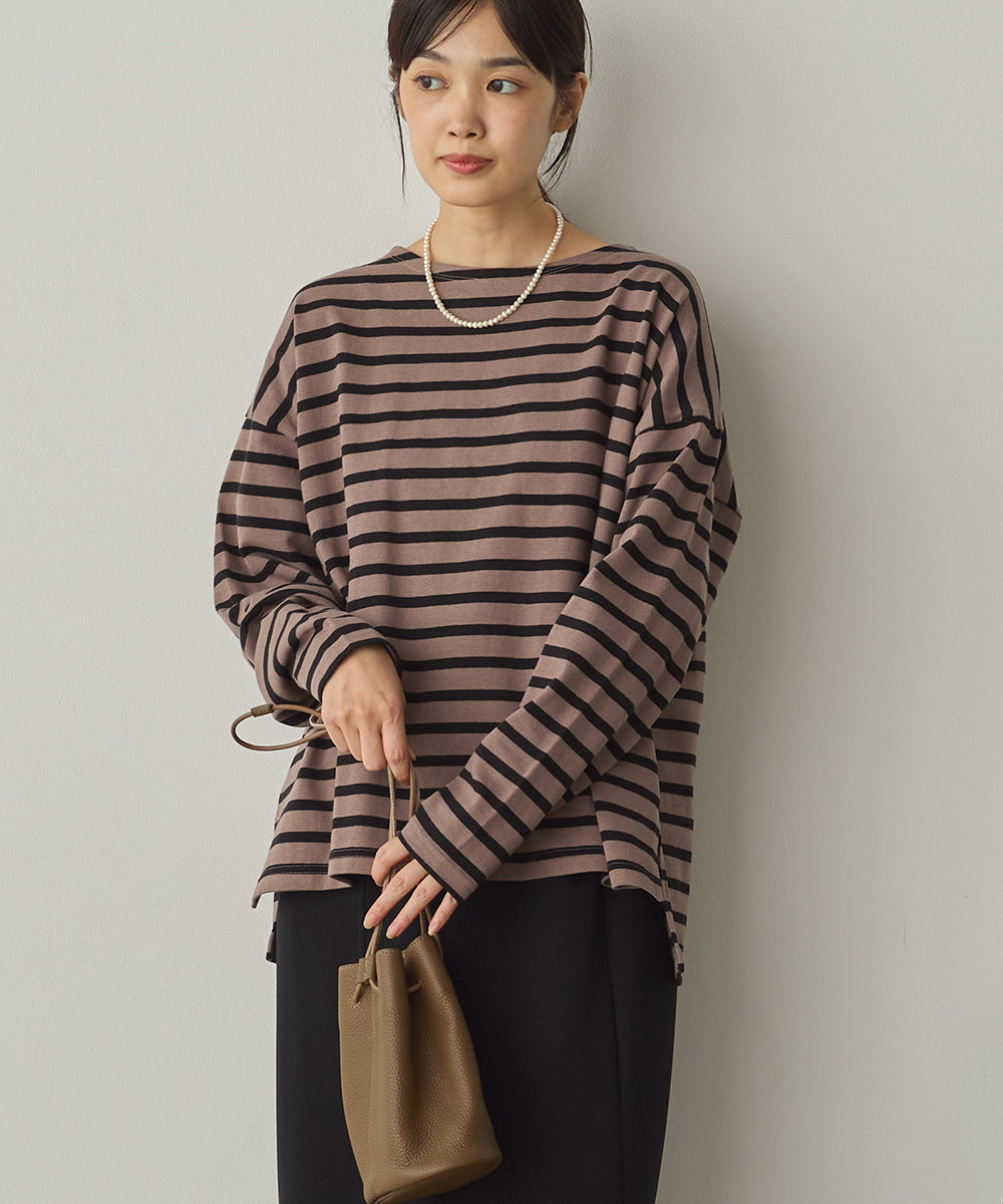 10番単ボーダーワイドシルエットスリット長袖Tシャツ[1325-6140]