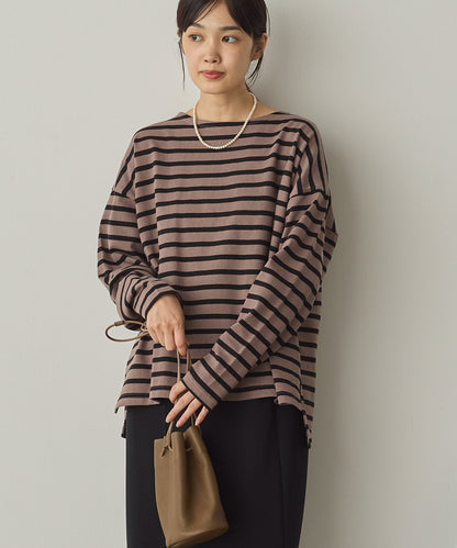 10番単ボーダーワイドシルエットスリット長袖Tシャツ[1325-6140]
