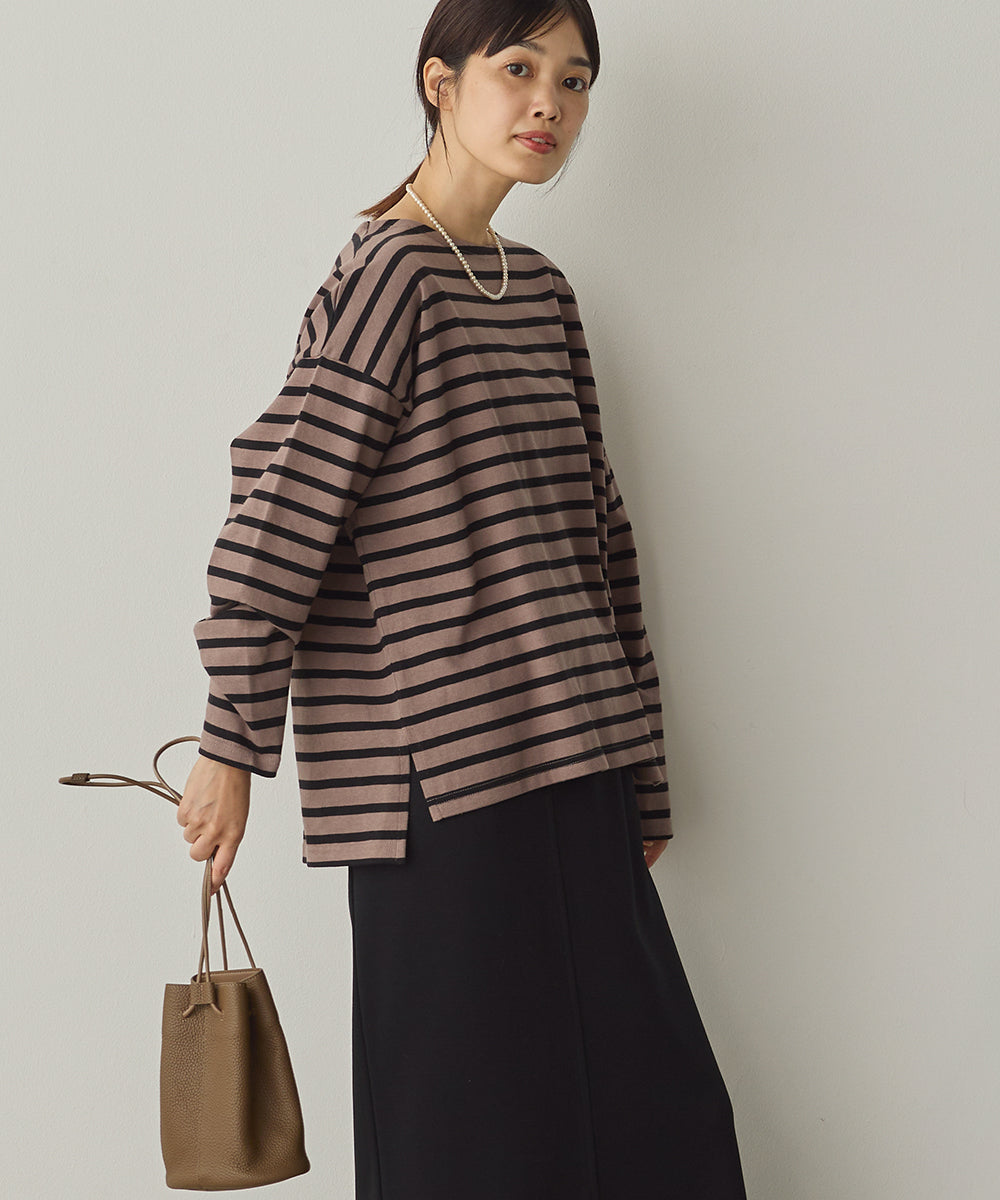 10番単ボーダーワイドシルエットスリット長袖Tシャツ[1325-6140]