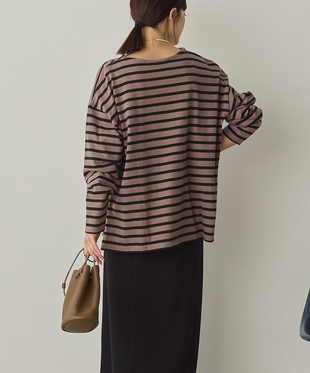 10番単ボーダーワイドシルエットスリット長袖Tシャツ[1325-6140]