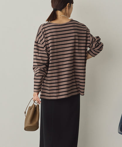 10番単ボーダーワイドシルエットスリット長袖Tシャツ[1325-6140]