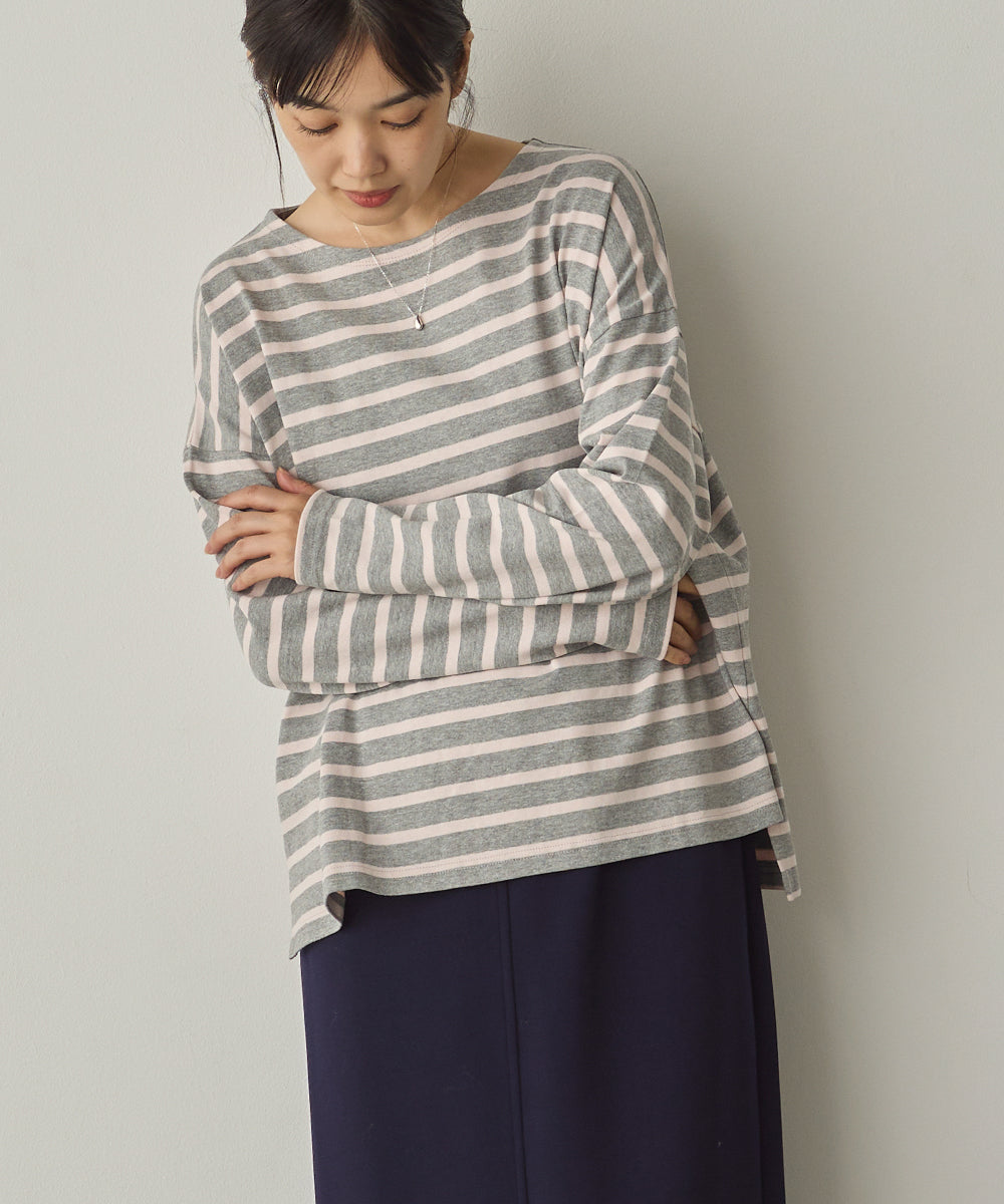 10番単ボーダーワイドシルエットスリット長袖Tシャツ[1325-6140]