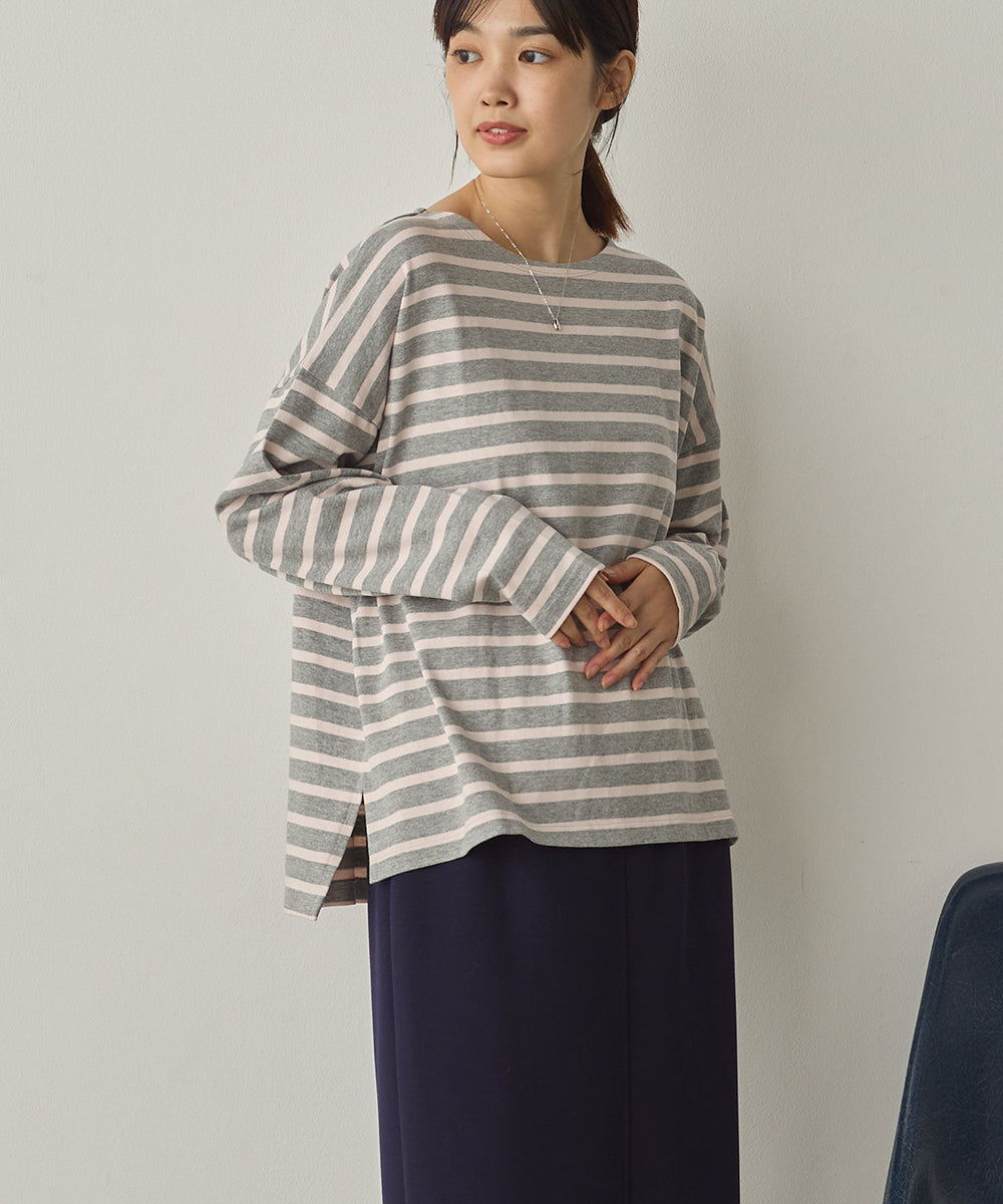 10番単ボーダーワイドシルエットスリット長袖Tシャツ[1325-6140]