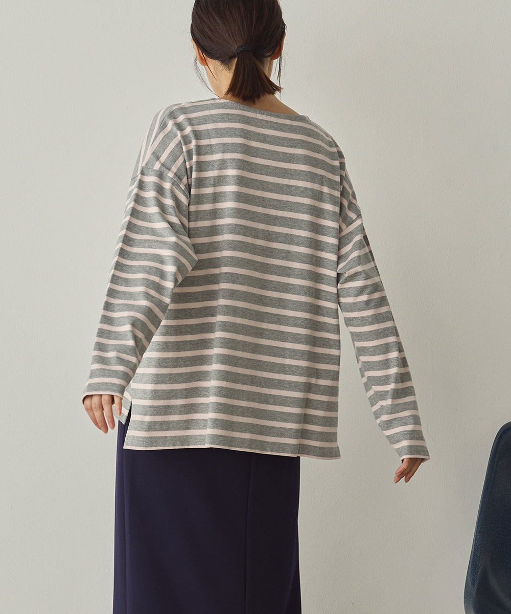 10番単ボーダーワイドシルエットスリット長袖Tシャツ[1325-6140]