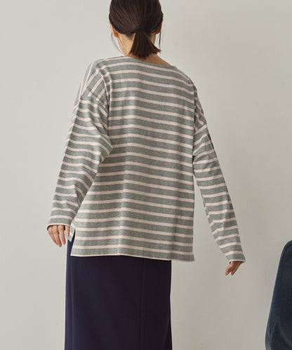 10番単ボーダーワイドシルエットスリット長袖Tシャツ[1325-6140]