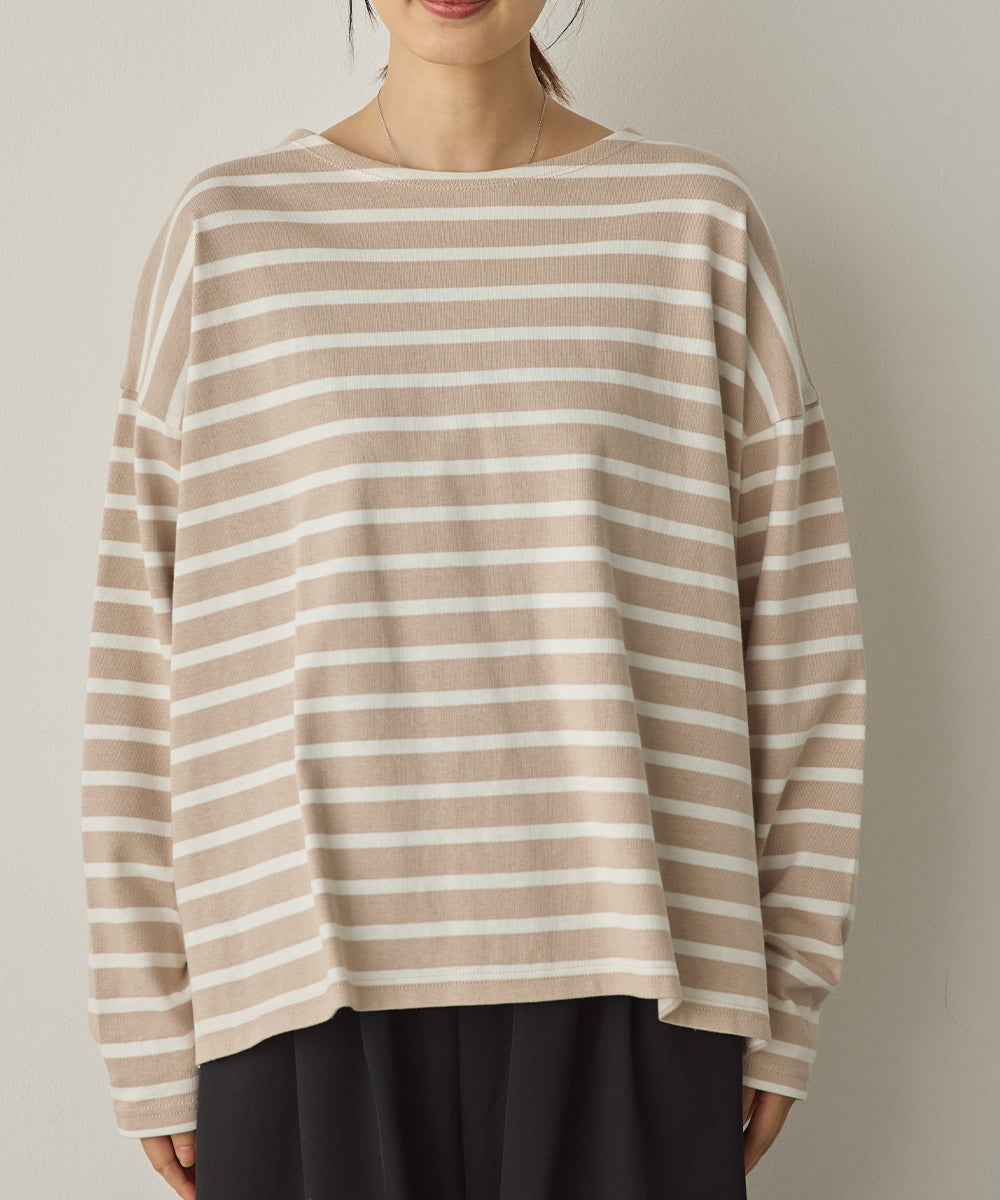 10番単ボーダーワイドシルエットスリット長袖Tシャツ[1325-6140]