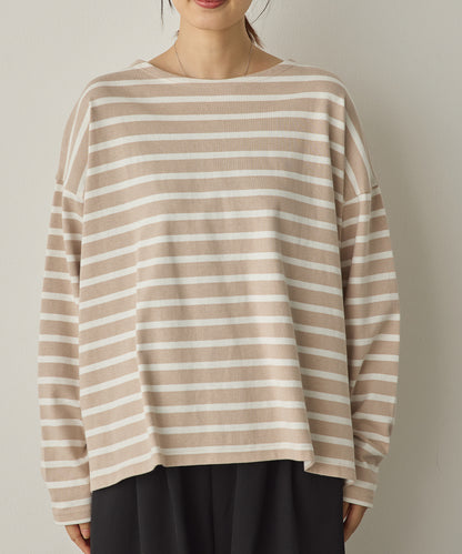 10番単ボーダーワイドシルエットスリット長袖Tシャツ[1325-6140]