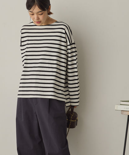 10番単ボーダーワイドシルエットスリット長袖Tシャツ[1325-6140]