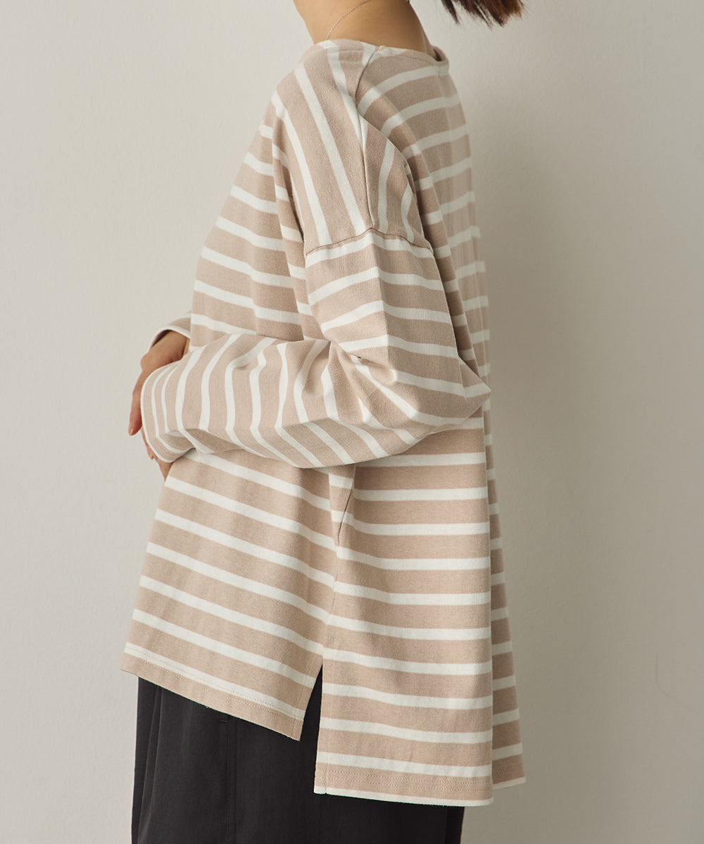 10番単ボーダーワイドシルエットスリット長袖Tシャツ[1325-6140]