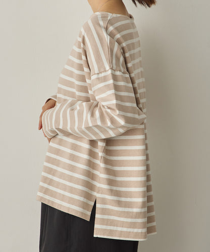 10番単ボーダーワイドシルエットスリット長袖Tシャツ[1325-6140]