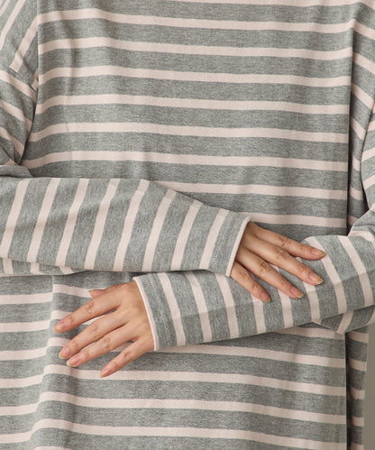 10番単ボーダーワイドシルエットスリット長袖Tシャツ[1325-6140]