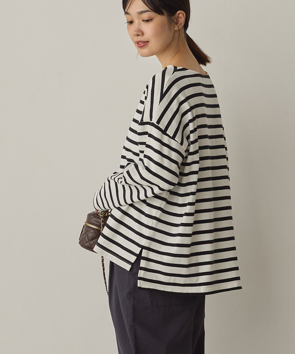 10番単ボーダーワイドシルエットスリット長袖Tシャツ[1325-6140]