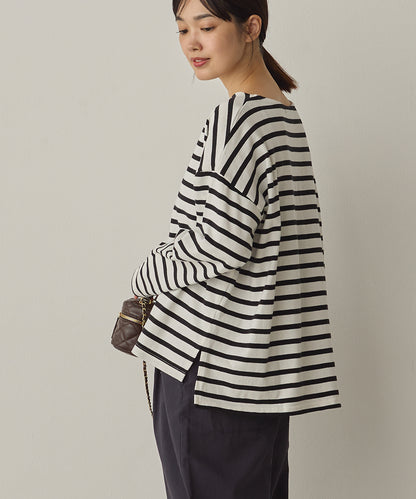 10番単ボーダーワイドシルエットスリット長袖Tシャツ[1325-6140]