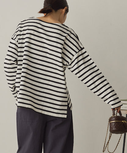 10番単ボーダーワイドシルエットスリット長袖Tシャツ[1325-6140]