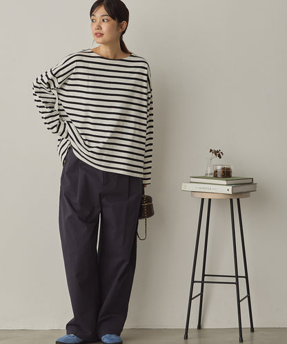 10番単ボーダーワイドシルエットスリット長袖Tシャツ[1325-6140]