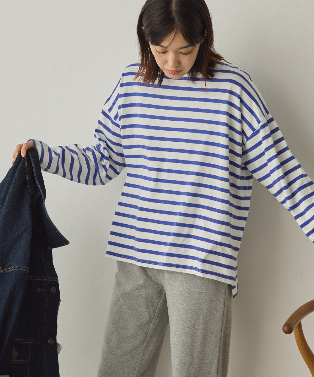 10番単ボーダーワイドシルエットスリット長袖Tシャツ[1325-6140]