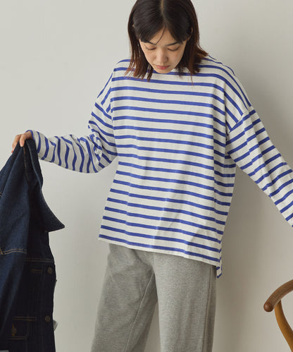 10番単ボーダーワイドシルエットスリット長袖Tシャツ[1325-6140]