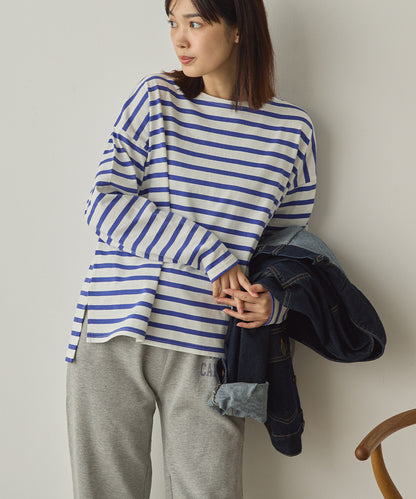10番単ボーダーワイドシルエットスリット長袖Tシャツ[1325-6140]