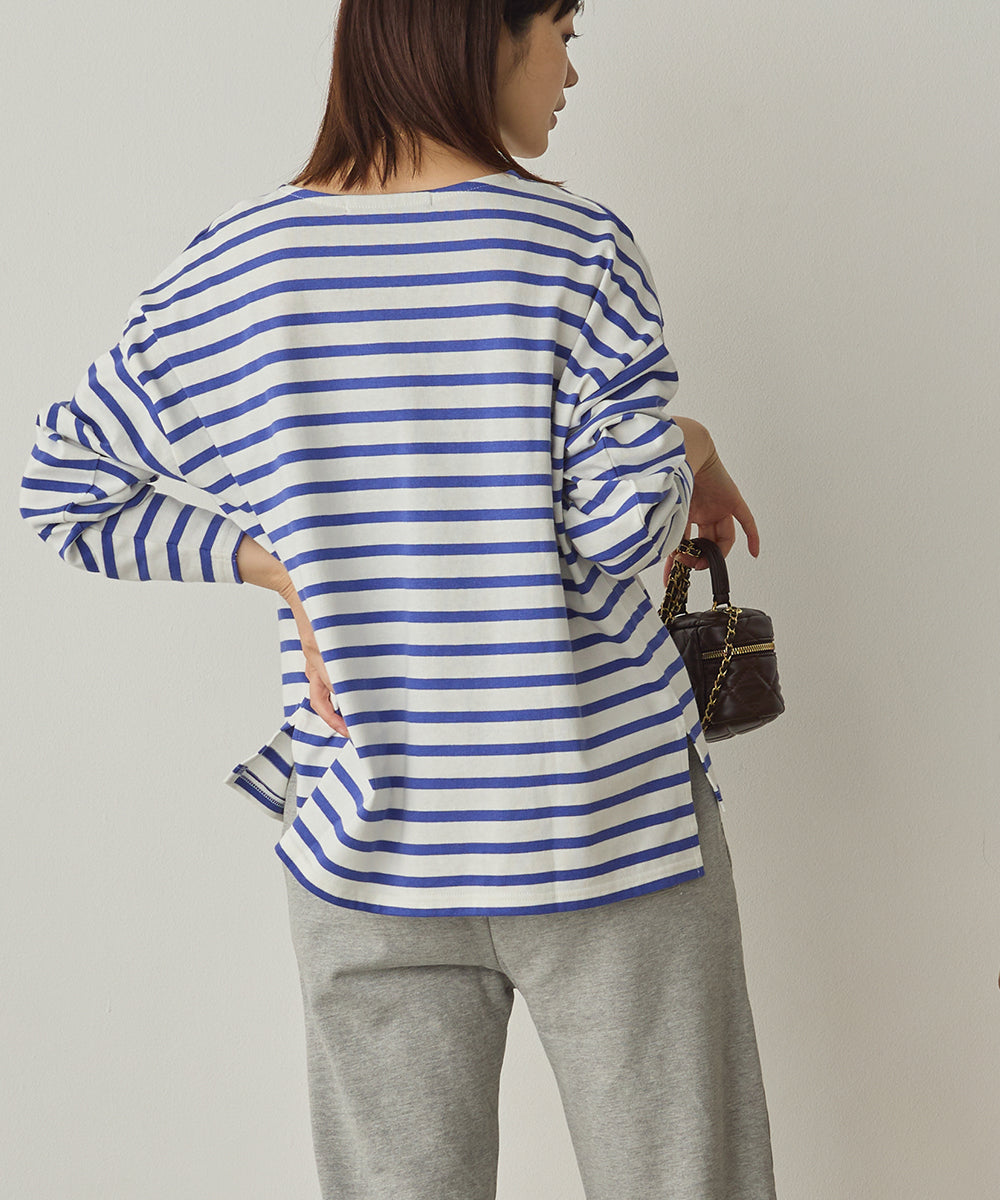 10番単ボーダーワイドシルエットスリット長袖Tシャツ[1325-6140]