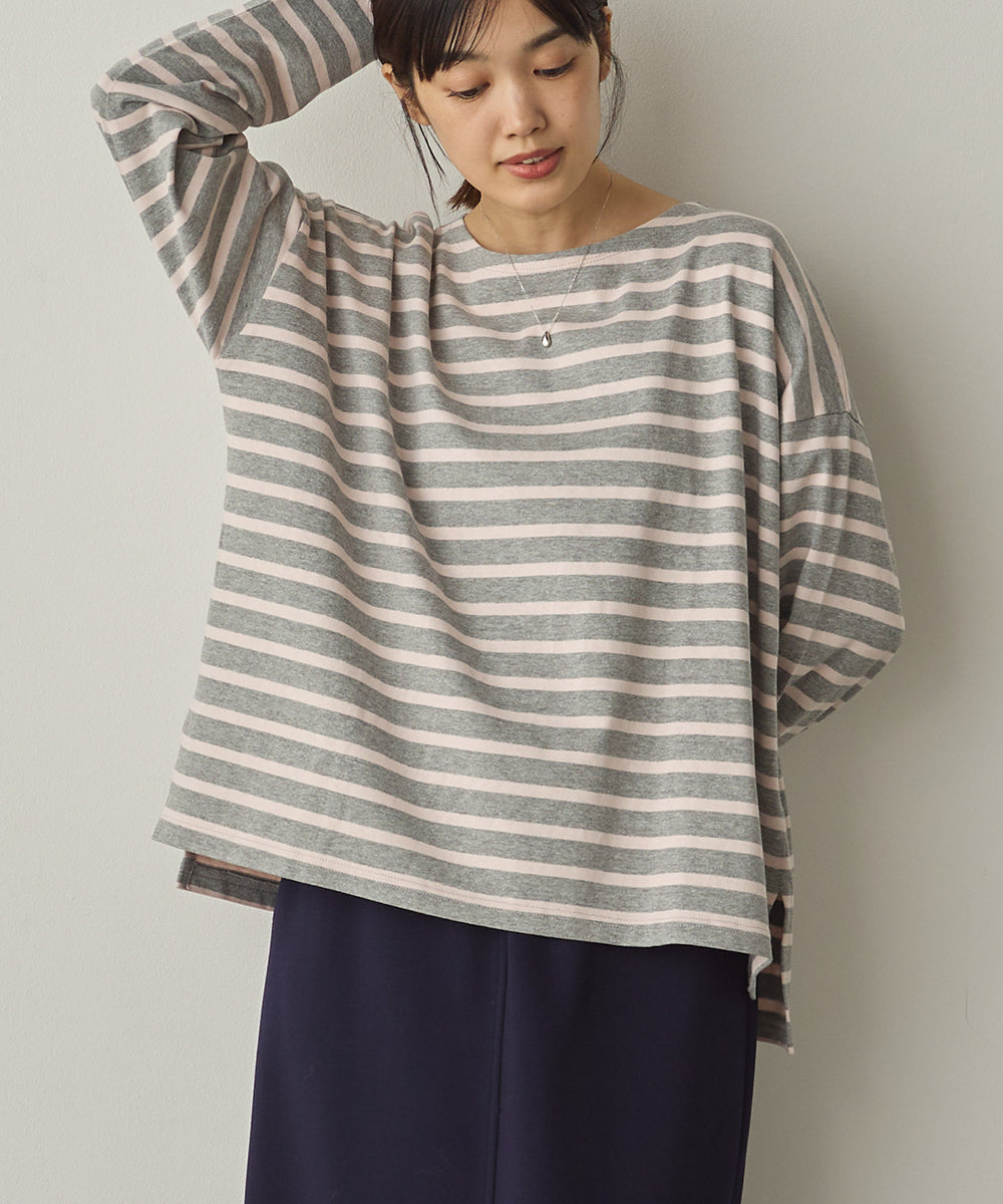 10番単ボーダーワイドシルエットスリット長袖Tシャツ[1325-6140]