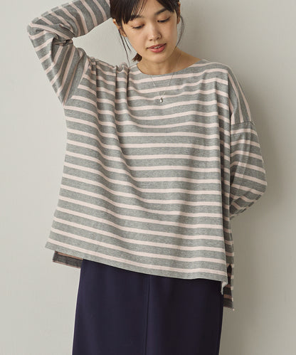 10番単ボーダーワイドシルエットスリット長袖Tシャツ[1325-6140]