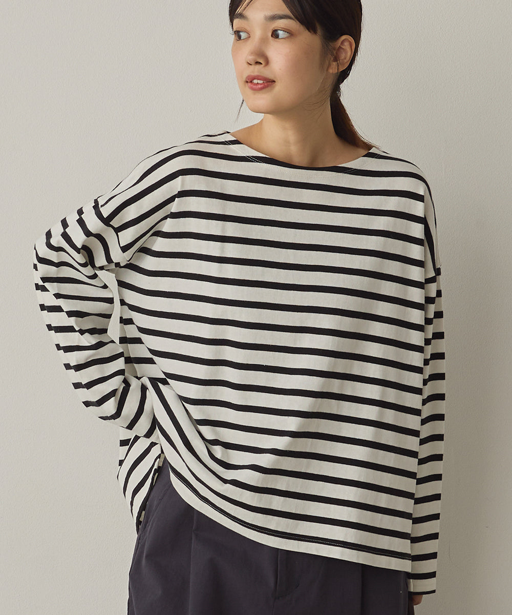 10番単ボーダーワイドシルエットスリット長袖Tシャツ[1325-6140]