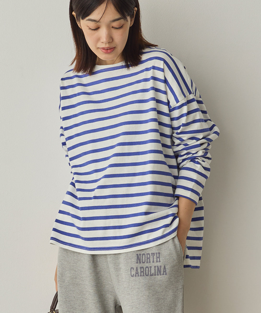 10番単ボーダーワイドシルエットスリット長袖Tシャツ[1325-6140]