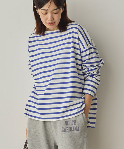 10番単ボーダーワイドシルエットスリット長袖Tシャツ[1325-6140]