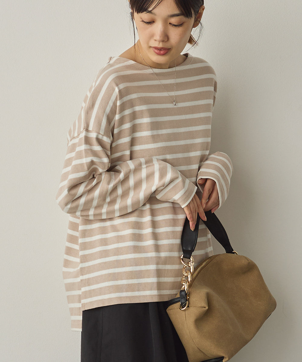 ボーダーカットソー 10番単ボーダーワイドシルエットスリット長袖Tシャツ[1325-6140