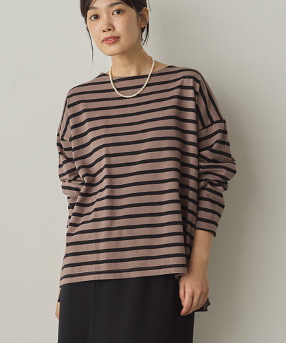 10番単ボーダーワイドシルエットスリット長袖Tシャツ[1325-6140]